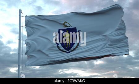 Flagge von Massachusetts winkt im Wind gegen tief schönen Wolken Himmel. 3d-Rendering Stockfoto