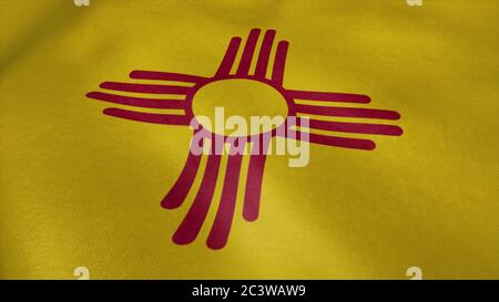 Video zur Flagge von New Mexico winkt im Wind. Realistischer Hintergrund der Flagge des US-Bundesstaates. 3d-Rendering Stockfoto