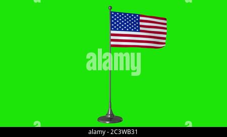 USA kleine Flagge flattert auf einem Fahnenmast. Grüner Bildschirmhintergrund. 3d-Rendering Stockfoto