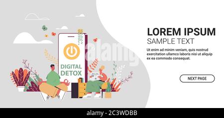 Mann sitzend Lotus Pose Frau Buch lesen paar Zeit ohne Gadgets digitale Detox offline Aktivitäten Konzept Verzicht auf Internet soziale Netzwerke volle Länge Vektor Illustration Stock Vektor