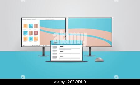 Computer-Monitor und Laptop realistische Mockup Gadgets und Geräte Cross-Plattform Konzept horizontale Vektor-Illustration Stock Vektor