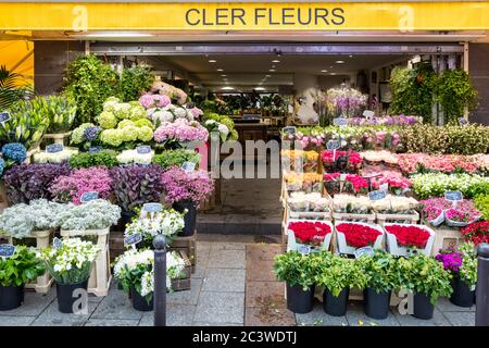 Blumen im Cler Fleurs entlang der Rue Cler im 7. Arrondissement, Paris, Frankreich Stockfoto