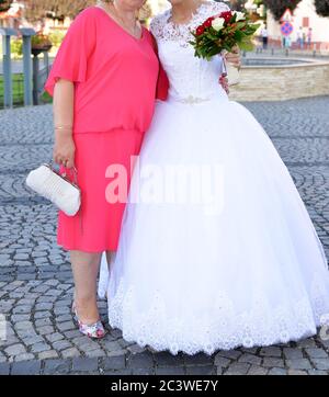 Die Braut macht zusammen mit den Hochzeitsgästen ein Foto Stockfoto