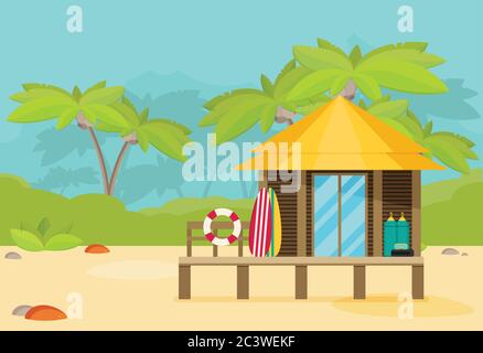 Bungalow flach Vektor-Illustrationen mit Dschungel Stock Vektor