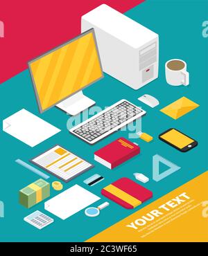 Isometrische Vektor Kunst kreativ Büro, Arbeitsplatz. Stock Vektor