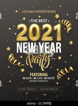 Neujahrsparty-Typografie-Poster mit 2021 Gold realistischer Inschrift, Geschenkschleife, goldener Lametta und goldenem Konfetti auf schwarzem Hintergrund. Vektor Stock Vektor