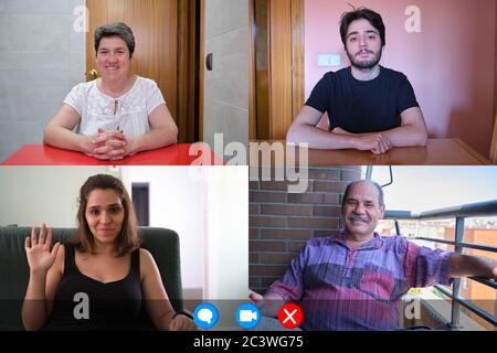 Videowand für die ganze Familie. Benutzeroberfläche der Konferenz-App. Vier Personen. Stockfoto