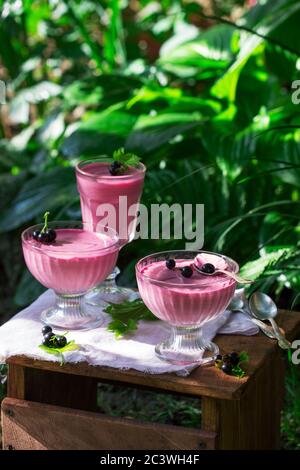 Beerenmousse in Glasvasen auf Holzgrund im Garten. Stockfoto