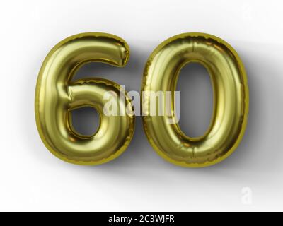 Goldener Ballon in Form der Nummer 60 isoliert. 3d-Illustration. Stockfoto