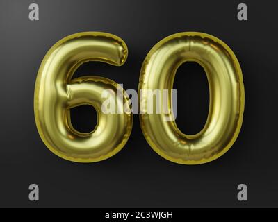 Goldener Ballon in Form der Nummer 60 isoliert. 3d-Illustration. Stockfoto