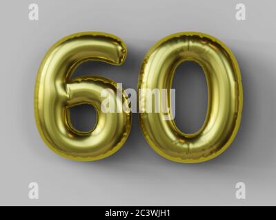 Goldener Ballon in Form der Nummer 60 isoliert. 3d-Illustration. Stockfoto