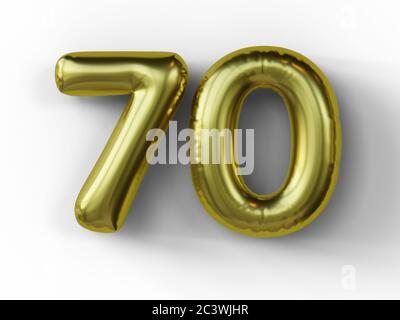 Goldener Ballon in Form der Nummer 70 isoliert. 3d-Illustration. Stockfoto