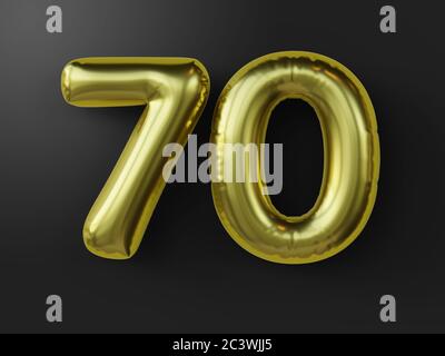 Goldener Ballon in Form der Nummer 70 isoliert. 3d-Illustration. Stockfoto