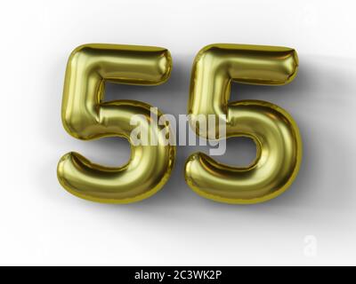 Goldener Ballon in Form der Nummer 55 isoliert. 3d-Illustration. Stockfoto