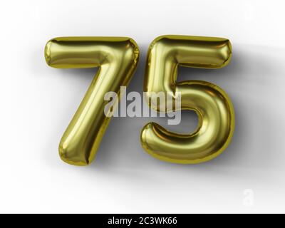 Goldener Ballon in Form der Nummer 75 isoliert. 3d-Illustration. Stockfoto