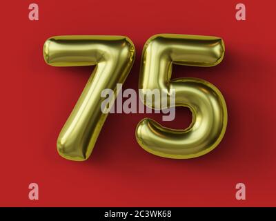 Goldener Ballon in Form der Nummer 75 isoliert. 3d-Illustration. Stockfoto