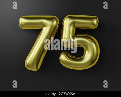 Goldener Ballon in Form der Nummer 75 isoliert. 3d-Illustration. Stockfoto