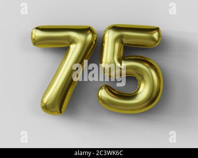 Goldener Ballon in Form der Nummer 75 isoliert. 3d-Illustration. Stockfoto