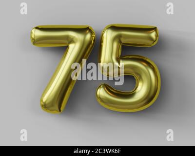 Goldener Ballon in Form der Nummer 75 isoliert. 3d-Illustration. Stockfoto