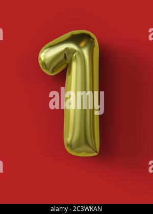 Goldener Ballon in Form von Nummer 1 isoliert. 3d-Illustration. Stockfoto