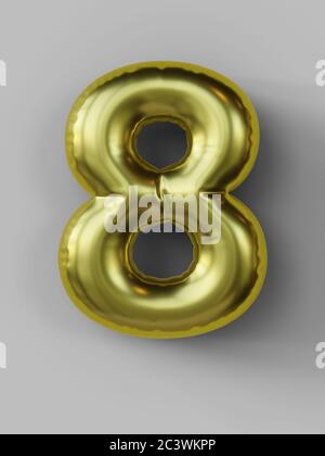 Goldener Ballon in Form der Nummer 8 isoliert. 3d-Illustration. Stockfoto