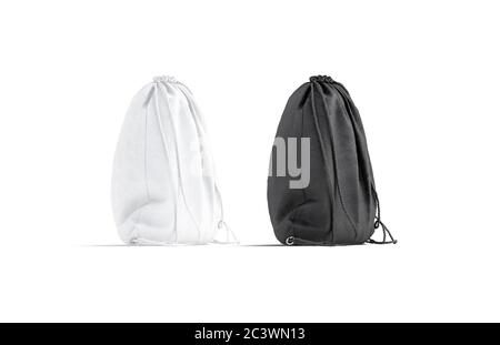 Blank schwarz und weiß Kordelzug Rucksack Mockup Set, isoliert Stockfoto