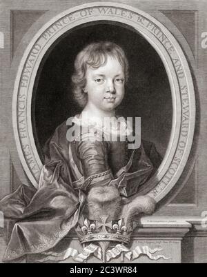 Prinz James Francis Edward Stuart, 1688 - 1766. Kläger auf die englische, schottische und irische Kronen. Bekannt als der Alte Prätender. Hier als Kind gesehen. Nach einem Stich von Pieter Louis van Schuppen, nach einem Werk von Nicolas de Largillière. Stockfoto