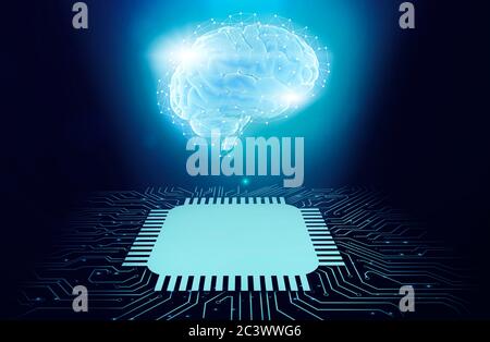 AI. 3D-Rendering von Gloving Digital Human Brain mit Polygonal-Verbindungen Stockfoto