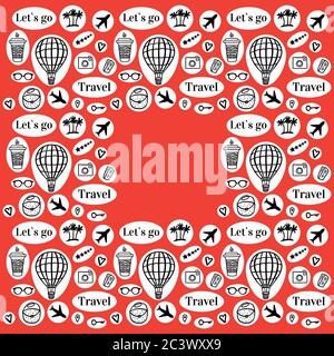 Los geht's Reisekarte mit Bordüre Mode Stil. Vektorrahmen mit Symbolen für unterwegs. Schwarze handgezeichnete Illustration auf rotem Hintergrund. Stock Vektor