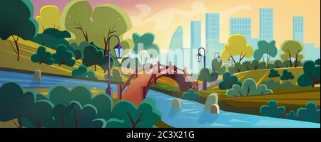 City Garden Wohnung Cartoon Hintergrund Panorama Vektor Illustration Landschaft. Grünzone, blauer Wasserfluss, schöne hölzerne Buckelbrücke im alten Stil, Stockfoto