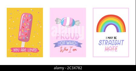 LGBTQ-stolz-Kartensatz. Schöne und niedliche Gleichheitssymbole und Typografie. Handgezeichnete Vektorgrafik. Stock Vektor
