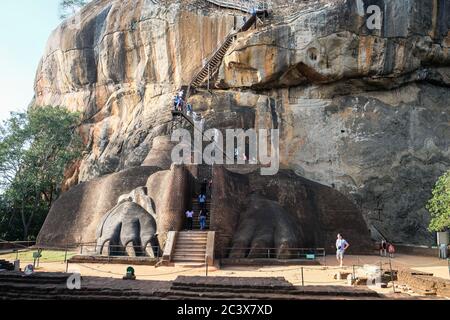 Lions Pfoten Eingang zu einem Königspalast mit Treppen zur Spitze der Sigiriya Rock Fortress. Schöne einzigartige alte Skulptur in Stein gemeißelt. UNESCO Stockfoto