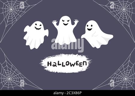 Halloween Grußkarte. Nachthintergrund mit Geistern und Spinnweben Stock Vektor