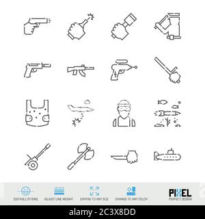 Symbol für Vektorlinie gesetzt. Waffen bezogene lineare Symbole. Armee und Polizei Symbole, Piktogramme, Zeichen. Pixel perfektes Design. Bearbeitbare Kontur. Linie wei einstellen Stock Vektor