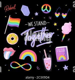 LGBTQ Pride Print mit Gleichheitssymbolen und schöner Typografie. Vektor handgezeichnete Illustrationen und Schriftzüge. Stock Vektor