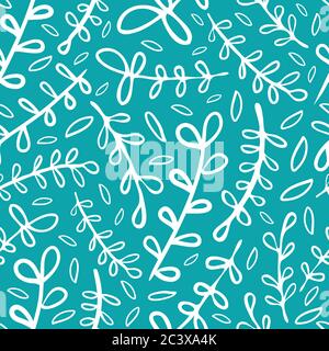 Abstrakt wild Wiese Gras nahtlose Vektor-Muster Hintergrund. Doodle botanisch weißes Laub auf blauem Hintergrund. Einfache dutoone Folk Country Stil Stock Vektor