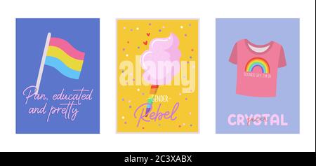 LGBTQ-stolz-Kartensatz. Schöne und niedliche Gleichheitssymbole und Typografie. Handgezeichnete Vektorgrafik. Stock Vektor