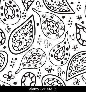 Moderne Paisley Blätter nahtlose Vektor-Muster Hintergrund. Schwarz-weiß millefleur wiederholen mit Hand gezeichneten Laub. Doodle Stil illustraton. Alle Stock Vektor