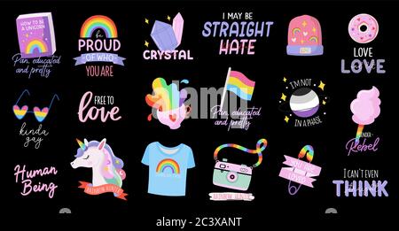 Farbenfrohes LGBTQ-stolz-Muster. Schöne und niedliche Gleichheitssymbole und Typografie. Vektor handgezeichnete Illustrationen und Schriftzüge. Stock Vektor