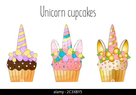 Einhorn Cupcakes auf weißem Hintergrund Stock Vektor-Illustration Stock Vektor