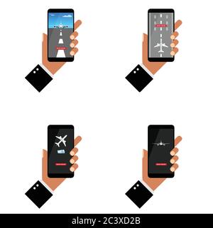 Smartphone mit Flugzeug auf ihm in der Hand gesetzt Kunst Illustration Stock Vektor