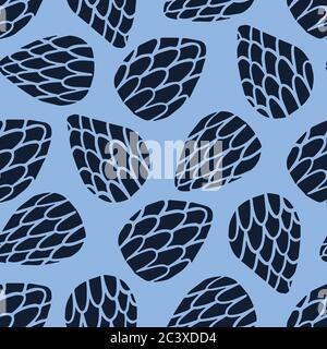Nahtloses Muster Indigoblau. Handgezeichnete abstrakte organische Samen pod Form Hintergrund. Monochromer strukturierter Blumenkopf auf dem gesamten Mustermuster Stock Vektor