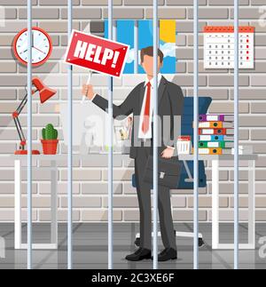 Geschäftsmann ruft in der Gefängniszelle um Hilfe. Überarbeiteter Geschäftsmann im Gefängnis. Stress bei der Arbeit. Bürokratie, Papierkram, Termin und Papierkram. Vektorgrafik in flacher Form Stock Vektor