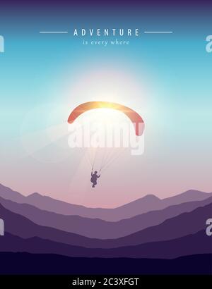 Paragliding Abenteuer Berglandschaft bei Sonnenuntergang Vektor Illustration EPS10 Stock Vektor