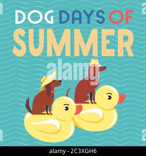 Dog Days of Summer Zeit für Abenteuer. Niedliche Comic-Cartoon. Farbenfroher Humor im Retro-Stil. Hunde in Sonnenbrillen Genießen Sie Strandurlaub entspannen. Sommer Vaca Stock Vektor