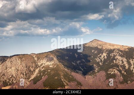 Spitzige Bergspitze, Hochland mit Kiefernwald, weiches Licht und Schatten auf die Landschaft und ein wolkiger, blauer Himmel Stockfoto