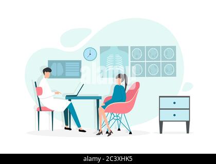 Ärztliche Beratung. Vektor-Illustration Von Arzt Und Patient In Krankenhaus Medical Office Stock Vektor