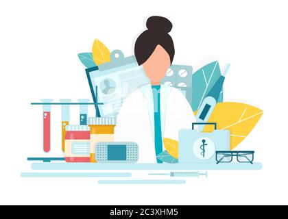 Apothekenkonzept. Kreative Vektor Illustration Der Weiblichen Apothekerin Am Drogeriezähler Stock Vektor