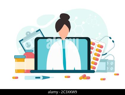Hausärztin auf Laptop-Bildschirm und medizinischen Werkzeugen Stock Vektor