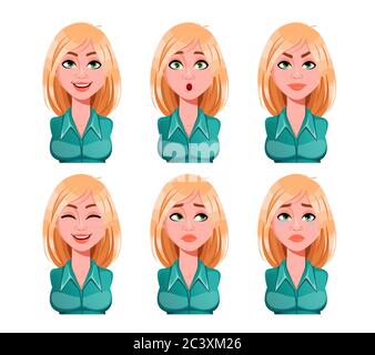 Gesichtsausdrücke von Frau mit blonden Haaren. Verschiedene weibliche Emotionen eingestellt. Schöne Cartoon-Figur. Vektordarstellung isoliert auf weißem Hintergrund Stock Vektor
